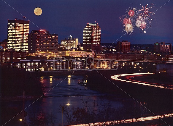 Manchester Night Skyline With Fireworks