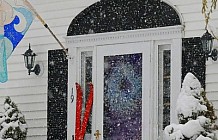 Red skis against front door